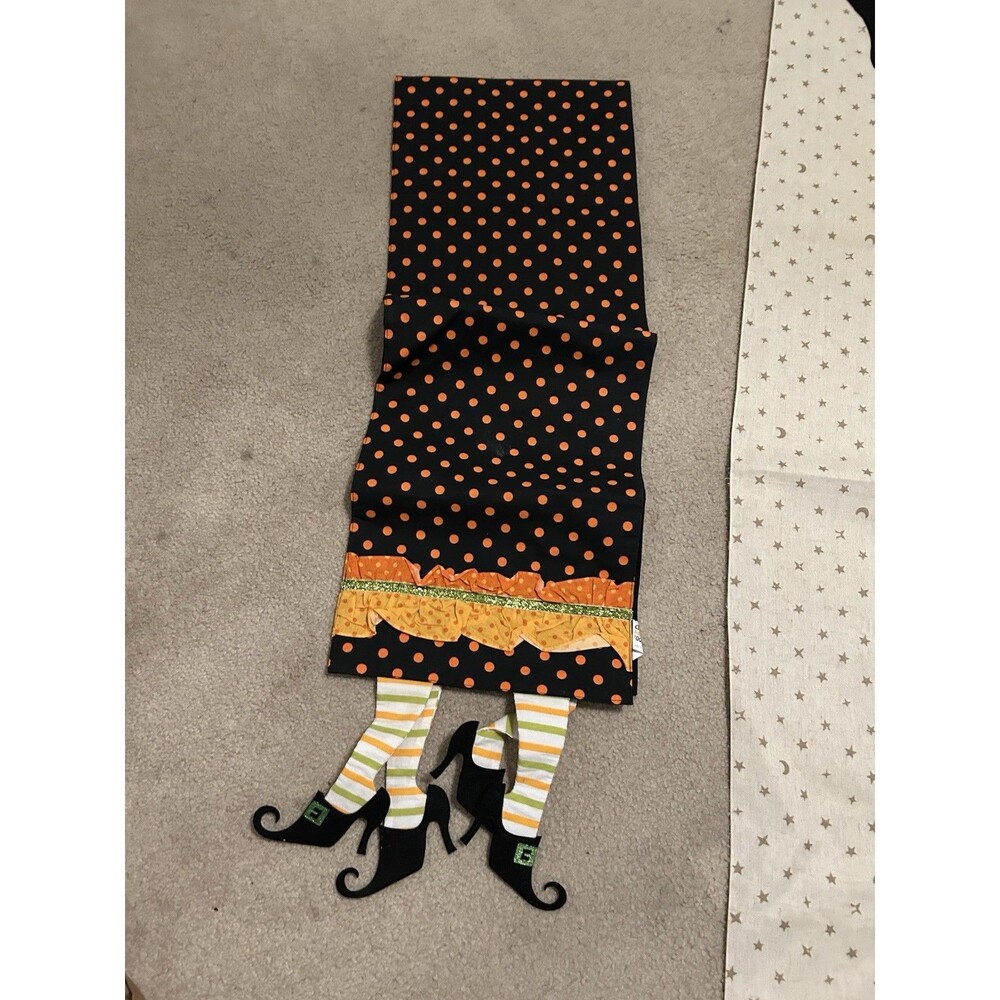 Celebrate Halloween Table Runner Orange Polka Dots Witch Feet Ruffles 71" x 12"
